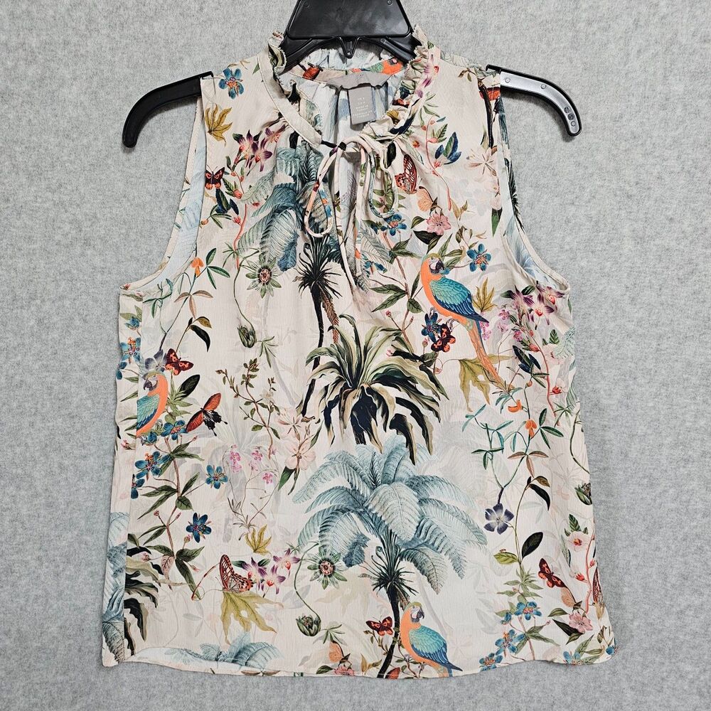 H&M Tropical Blouse Size 4 Sleeveless Tie Neck Top Womens